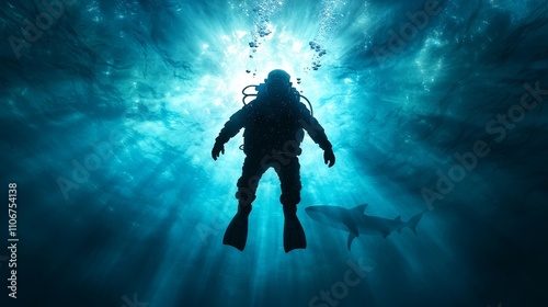 Wallpaper Mural A diver explores the deep ocean, surrounded by beams of light, while a shark glides nearby, creating a serene yet thrilling underwater scene. Torontodigital.ca