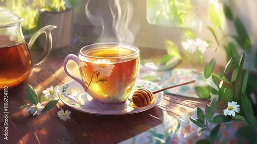 A steaming cup of herbal tea with honey, surrounded by flowers and sunlight.