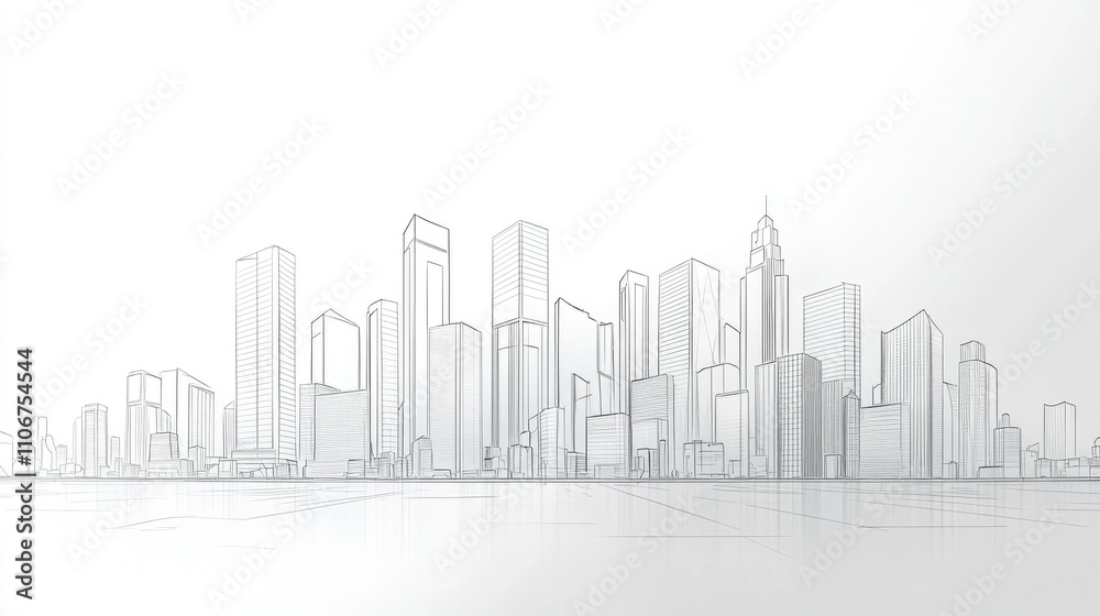 Fototapeta premium A minimalist skyline illustration showcasing various skyscrapers in a monochromatic style.