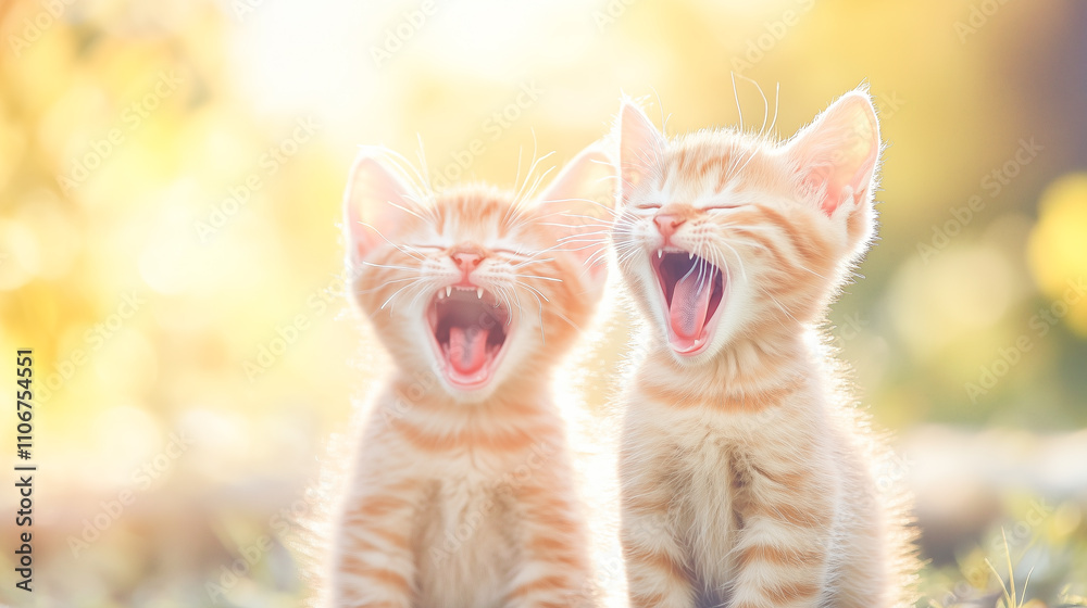Fototapeta premium Ginger kittens yawning in sunlight, capturing pure cuteness and playful innocence
