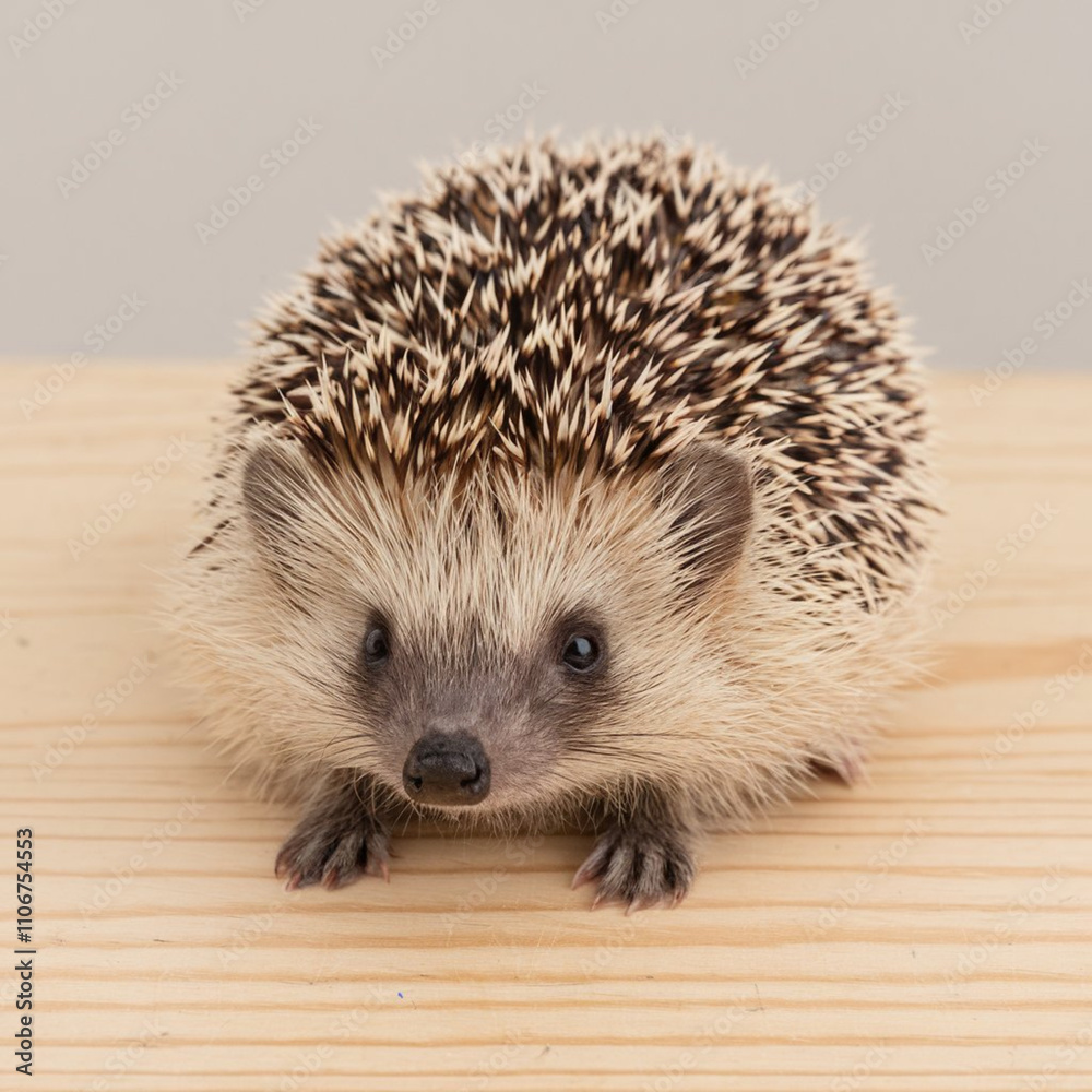 Fototapeta premium Adorable Hedgehog on Wooden Surface