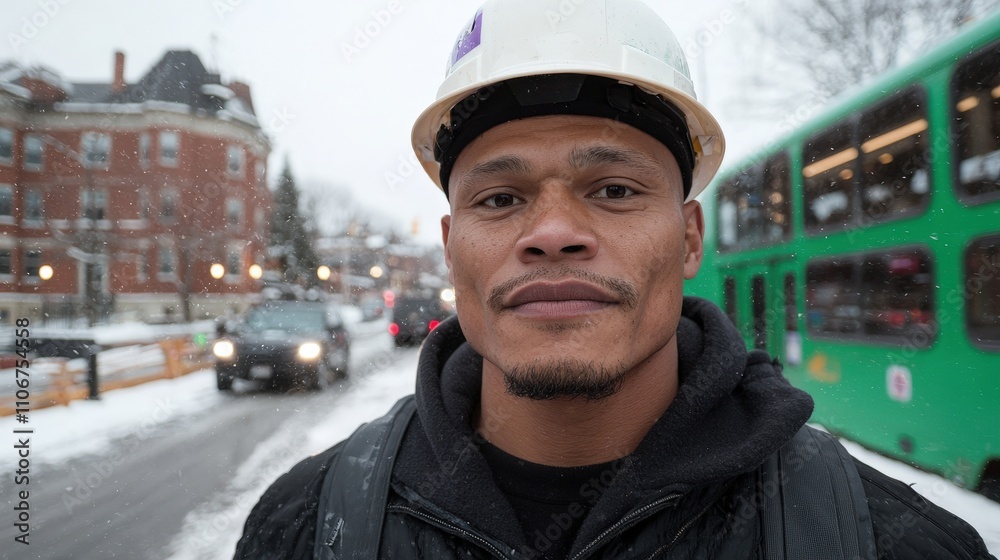 Confident Construction Worker in Snowy City Urban Construction Site Confident Construction Worker in Snowy City Urban Construction Site