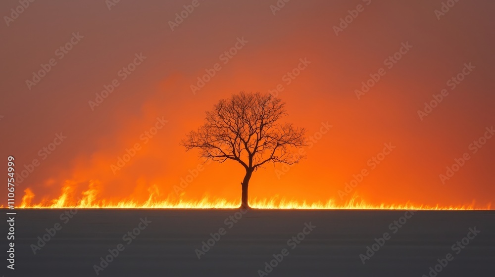 Naklejka premium Fiery Sunset Landscape Lone Tree Burning Field Dramatic Sky