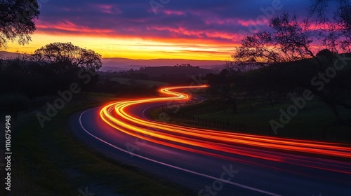 Winding road at sunset with light trails.