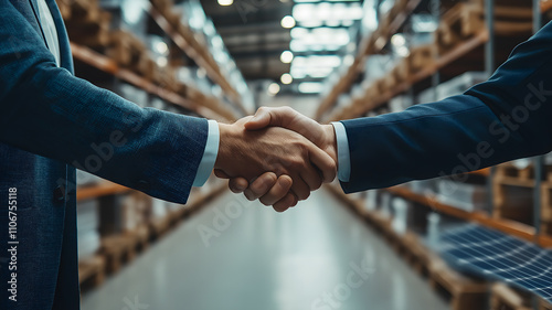 A businessman in a formal suit shaking hands with a solar panel distributor, with the focus solely on their hands clasped in a firm handshake Ai Generated
