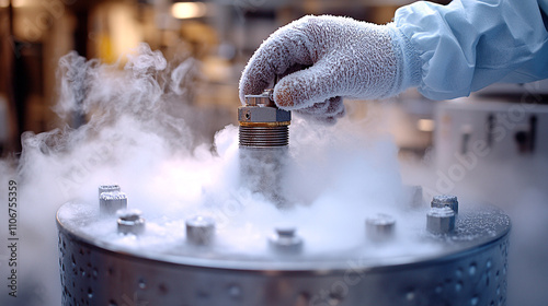 Gloved hand using frozen sample container in a cryogenic research lab.