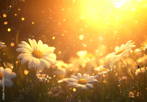 A field of wildflowers bathed in the golden glow of sunset.