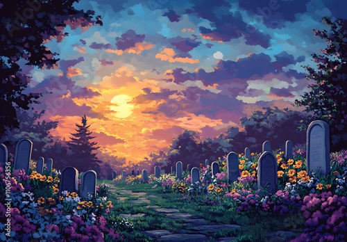 A graveyard with flowers and tombstones under the moonlight, In an oil painting style.