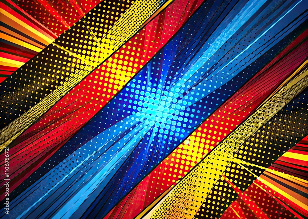 Fototapeta premium Abstract Comic Book-Style Night Photography with Bold Stripes and Dots in Red, Blue, Yellow, and Black for Dynamic Visuals