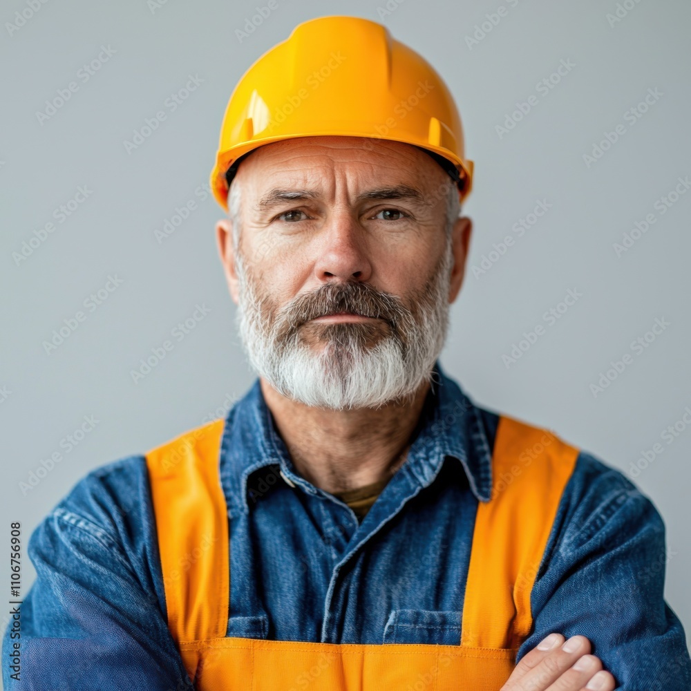 A serious construction worker with a beard and orange hard hat, wearing a denim shirt, stands with arms crossed against a neutral background. A serious construction worker with a beard and orange hard hat, wearing a denim shirt, stands with arms crossed against a neutral background.
