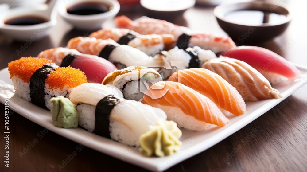 A tempting platter of Japanese sushi nigiri, assorted sushi rice topped with fresh fish slices, Nigiri sushi platter centered A tempting platter of Japanese sushi nigiri, assorted sushi rice topped with fresh fish slices, Nigiri sushi platter centered