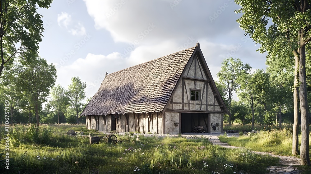 Fototapeta premium Old English barn-style home with sloping roof and timber beams