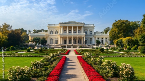 Neoclassical palace with symmetrical design and manicured gardens


 photo