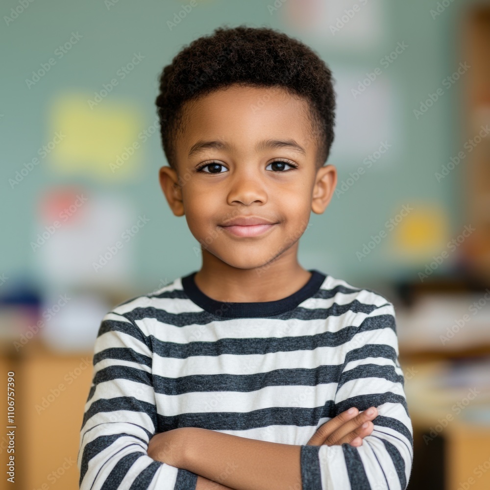 A confident young boy with curly hair smiles, wearing a striped shirt, standing in a classroom with a warm atmosphere. A confident young boy with curly hair smiles, wearing a striped shirt, standing in a classroom with a warm atmosphere.