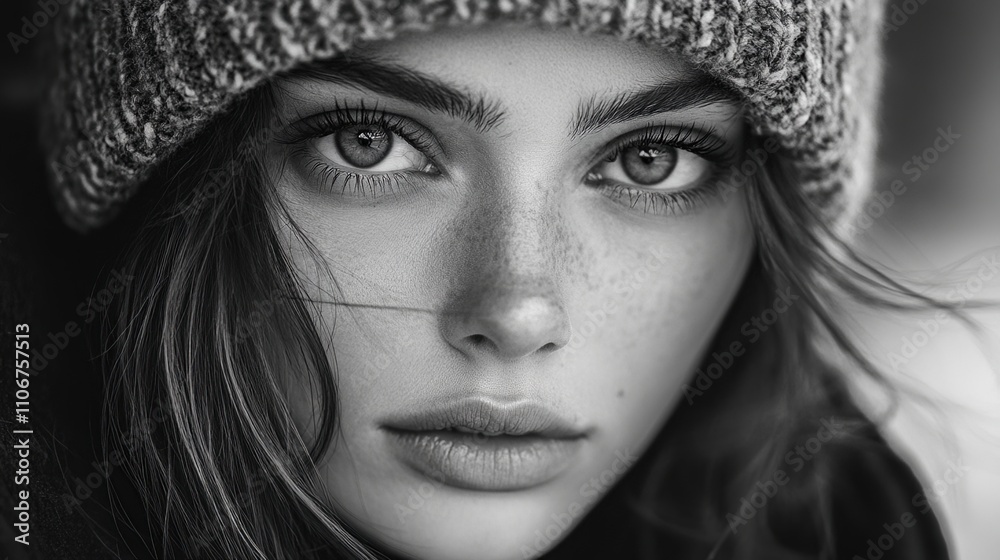 A close-up black and white portrait of a young woman with striking features and a knit hat. A close-up black and white portrait of a young woman with striking features and a knit hat.