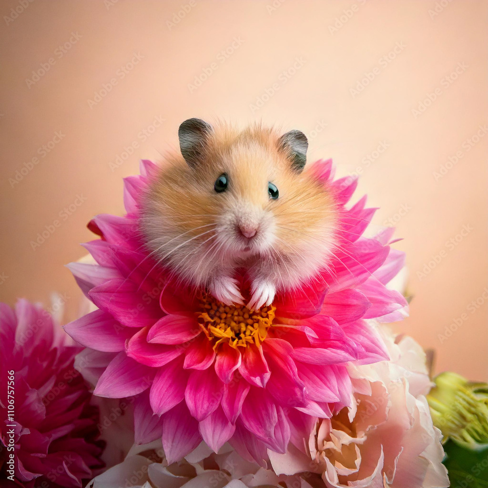 Adorable Hamster with a Pink Dahlia Blossom Adorable Hamster with a Pink Dahlia Blossom