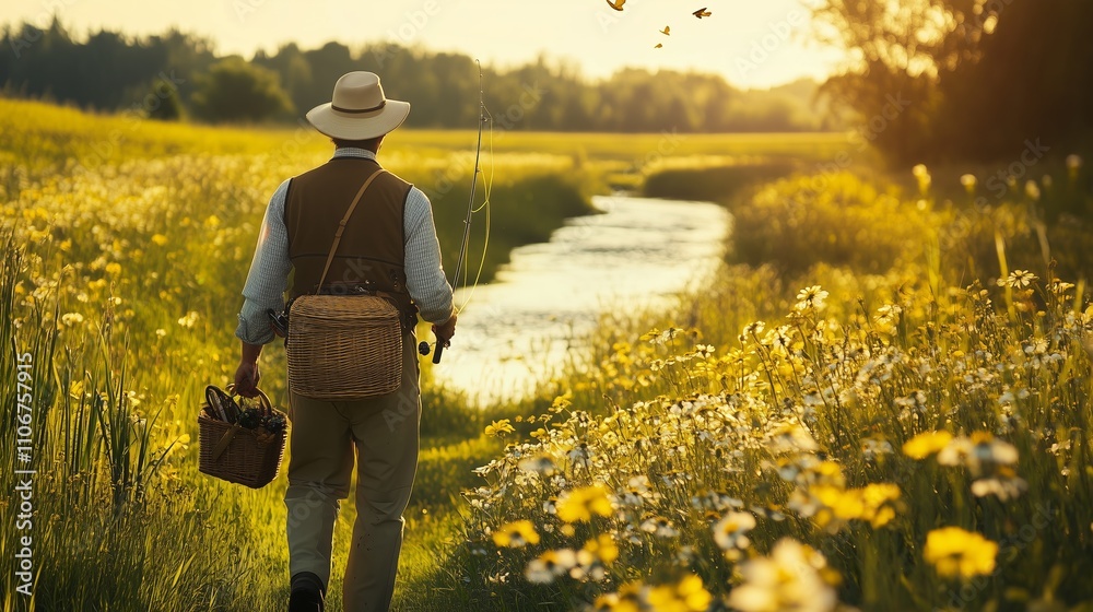 A fly fisherman strolls through a blooming field, enjoying a peaceful spring moment by a stream.