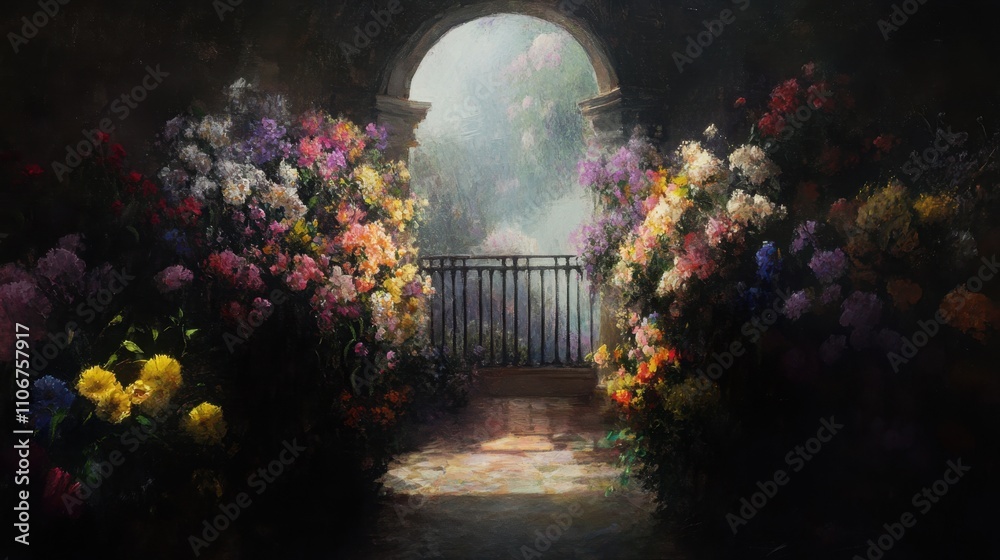 Obraz premium Oil painting of arched flower stand with mottled light in Rococo style