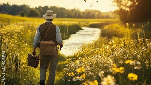 Obraz na płótnie A fly fisherman strolls through a blooming field, enjoying a peaceful spring moment by a stream. w salonie