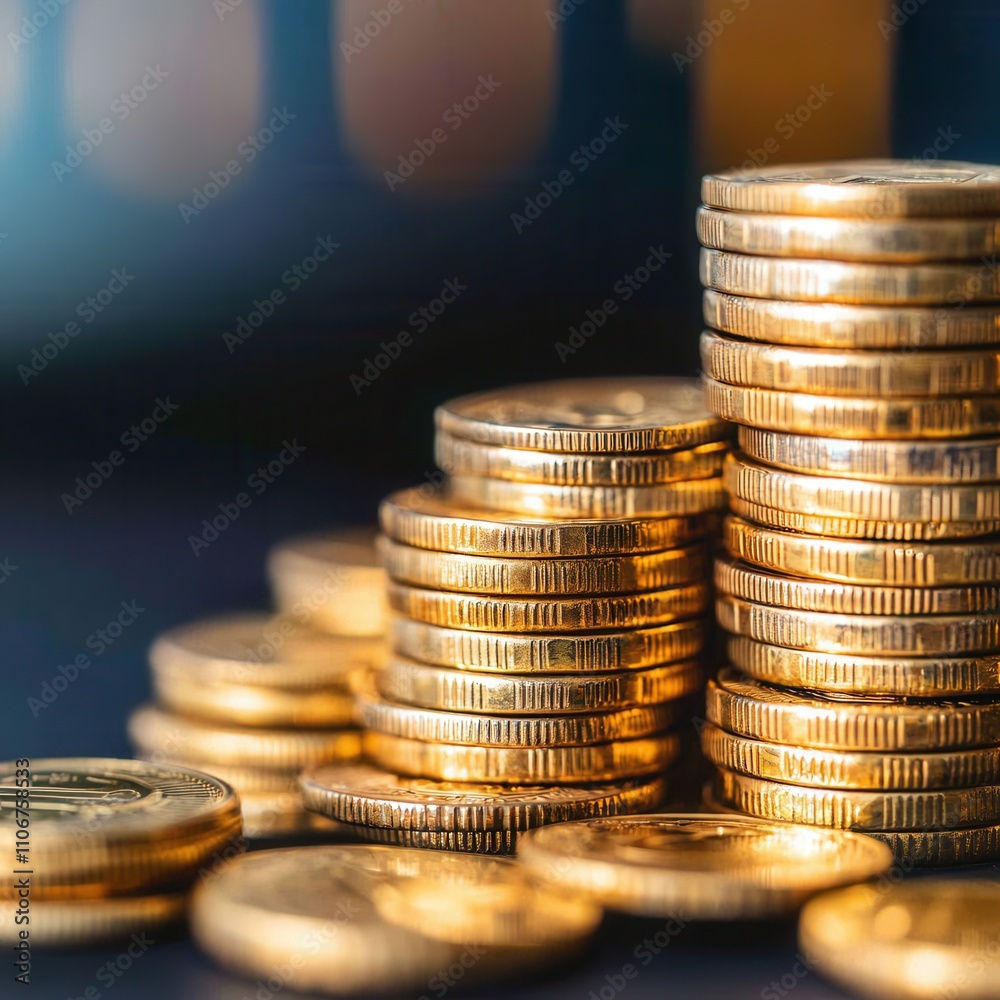 Close-up of shiny gold coins stacked in a neat pile, reflecting light, symbolizing wealth, investment, and prosperity. Close-up of shiny gold coins stacked in a neat pile, reflecting light, symbolizing wealth, investment, and prosperity.