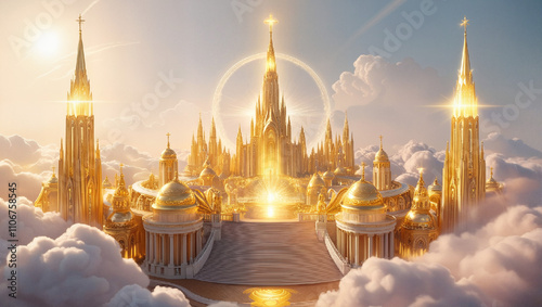 heaven golden city above the clouds created using AI Generative Technology