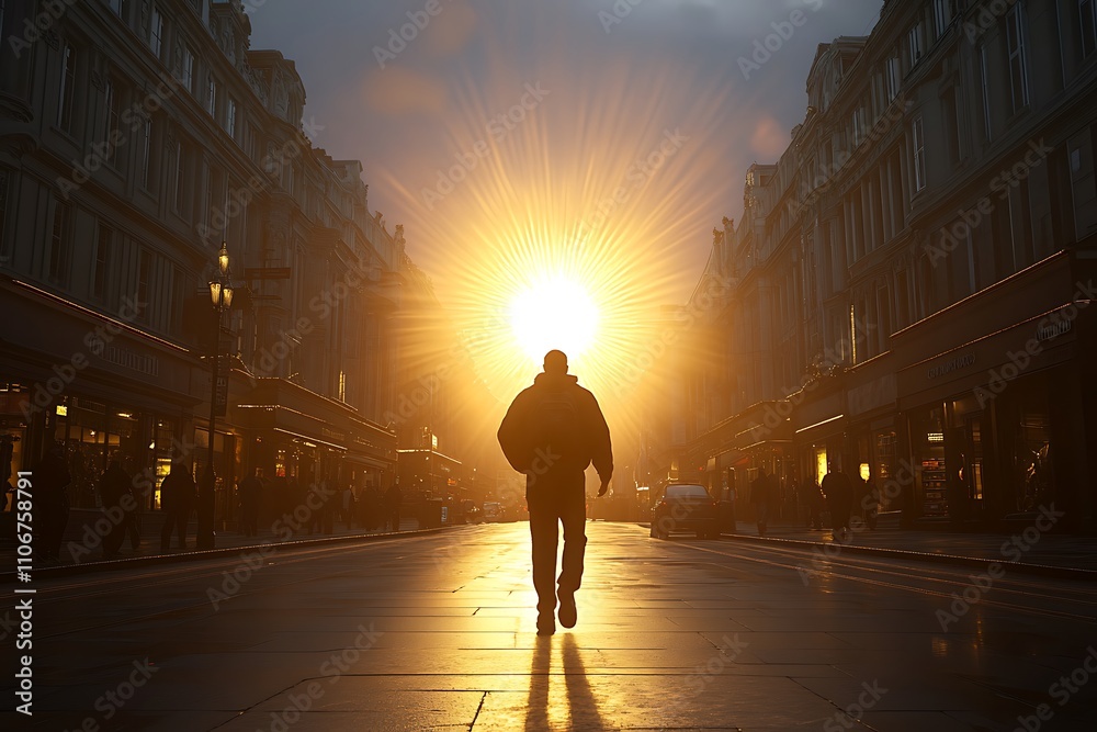 Man Walks Towards Bright City Sunset Man Walks Towards Bright City Sunset