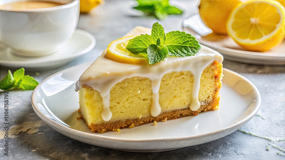 Aerial View of a Single Slice of Iced Lemon Coffee Cake on a White Plate, Freshly Baked Dessert with Lemon Zest Decoration, Perfect for Food Photography and Recipe Blogs Aerial View of a Single Slice of Iced Lemon Coffee Cake on a White Plate, Freshly Baked Dessert with Lemon Zest Decoration, Perfect for Food Photography and Recipe Blogs