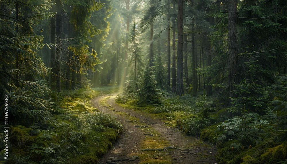 Obraz premium An enchanting Scandinavian forest path surrounded by dense foliage, tall coniferous trees, and thick moss, with soft rays of sunlight breaking through the canopy.