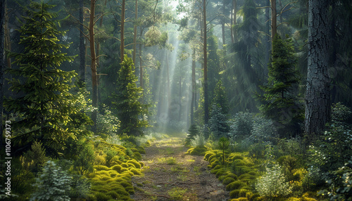 An enchanting Scandinavian forest path surrounded by dense foliage, tall coniferous trees, and thick moss, with soft rays of sunlight breaking through the canopy.