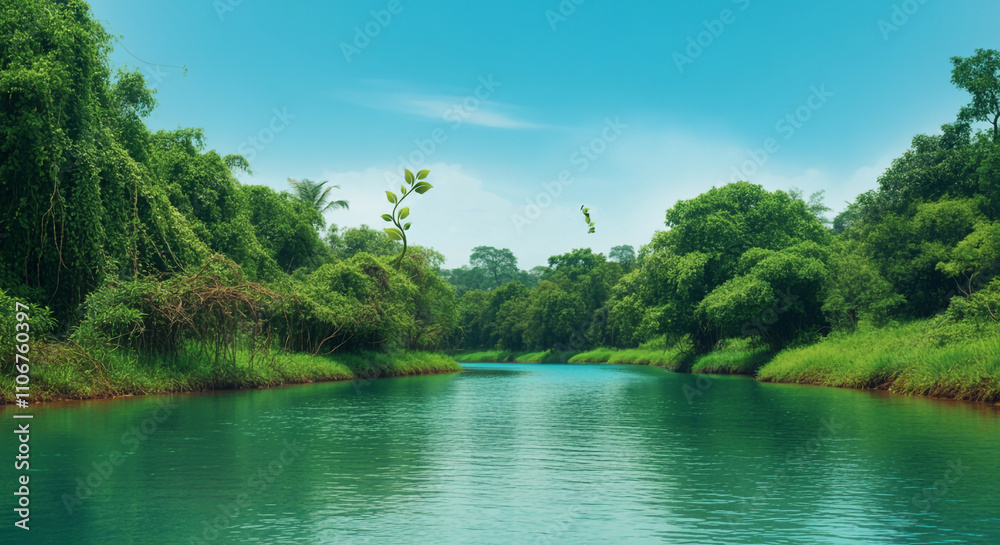 A tranquil river scene surrounded by lush green trees under a clear blue sky, ideal for nature and relaxation themes A tranquil river scene surrounded by lush green trees under a clear blue sky, ideal for nature and relaxation themes