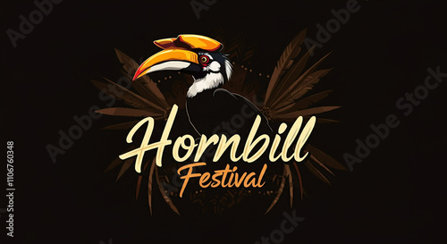 A bold and elegant design for the Hornbill Festival, featuring a hornbill bird surrounded by tropical foliage, celebrating Nagaland’s rich cultural heritage photo