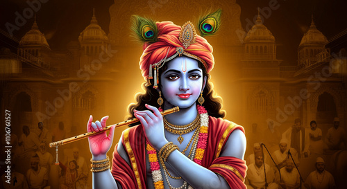 A divine illustration of Lord Krishna playing the flute, symbolizing peace and spirituality, set against a glowing background