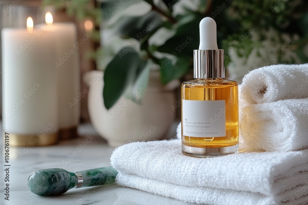 Spa essentials with a face roller, face oil, towels, and candles in a bathroom setting. Spa essentials with a face roller, face oil, towels, and candles in a bathroom setting.