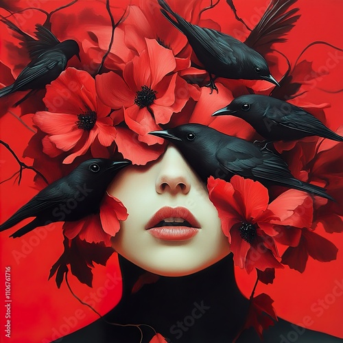 Mysterious Woman with Red Poppies and Black Crows: Surreal Digital Art photo