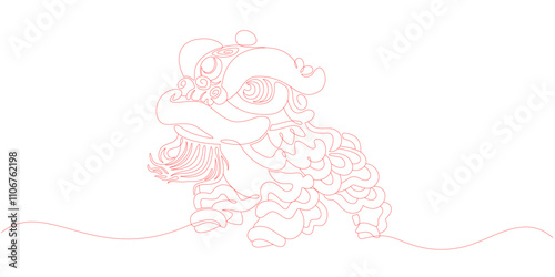 Lion dance vector design for Chinese New Year, red line line art style