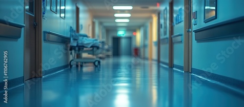 A dimly lit hospital corridor with reflective floors and medical equipment in the background.