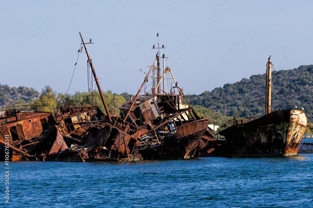 Abandoned ship on the beach, Amvakikos bay, Greece Abandoned ship on the beach, Amvakikos bay, Greece