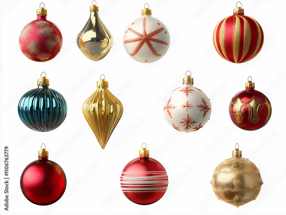 Christmas Ornament 3d set of red and gold isolated on white background Christmas Ornament 3d set of red and gold isolated on white background