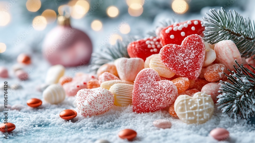 Festive heart-shaped candies, sugared and iced, piled high amidst snowy pine branches and bokeh lights. Festive treats, sugared, iced, delicious, Christmas, winter, holiday, heart, candy, Festive heart-shaped candies, sugared and iced, piled high amidst snowy pine branches and bokeh lights. Festive treats, sugared, iced, delicious, Christmas, winter, holiday, heart, candy,