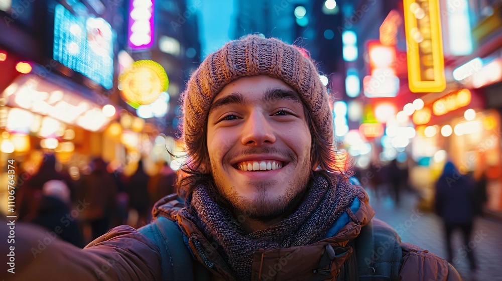 Capturing City Vibes - Young Adult Selfie Amidst Neon Lights and Colorful Urban Scene Capturing City Vibes - Young Adult Selfie Amidst Neon Lights and Colorful Urban Scene