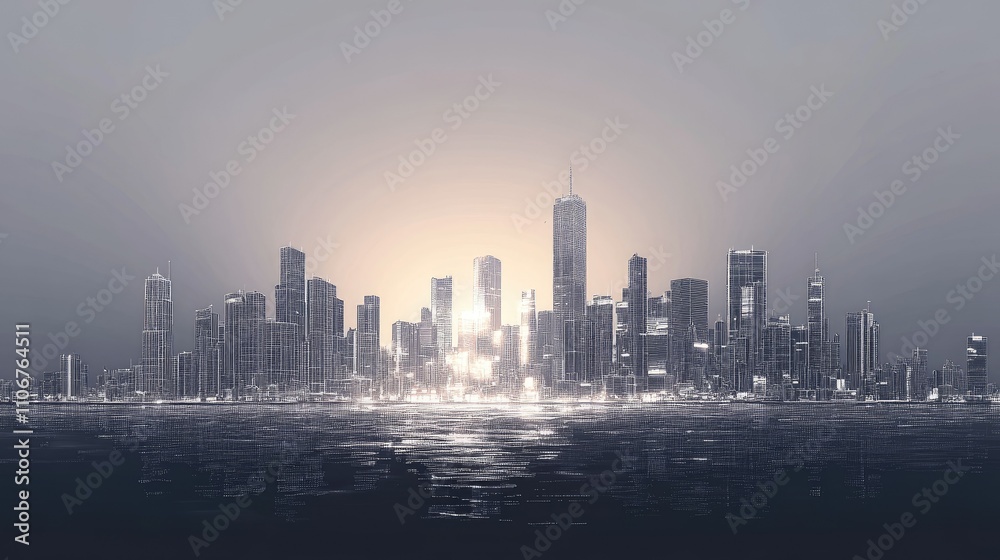 Fototapeta premium A serene city skyline at dusk, reflecting on water, evoking a sense of calm and modernity.