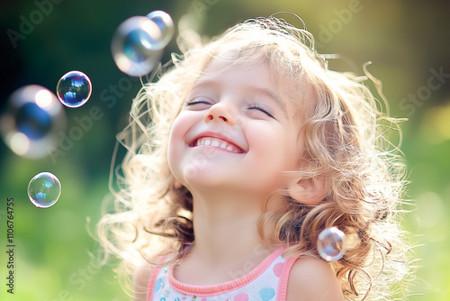 Joyful curly-haired girl smiling and playing with bubbles in a sunlit garden