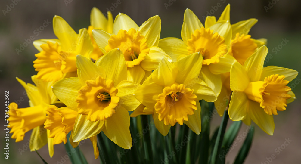 A dense cluster of daffodils showcasing their radiant yellow petals, representing renewal and vitality A dense cluster of daffodils showcasing their radiant yellow petals, representing renewal and vitality