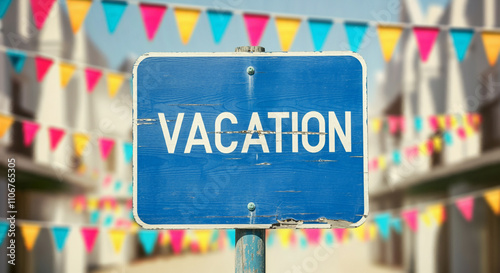 A blue road sign with "VACA...