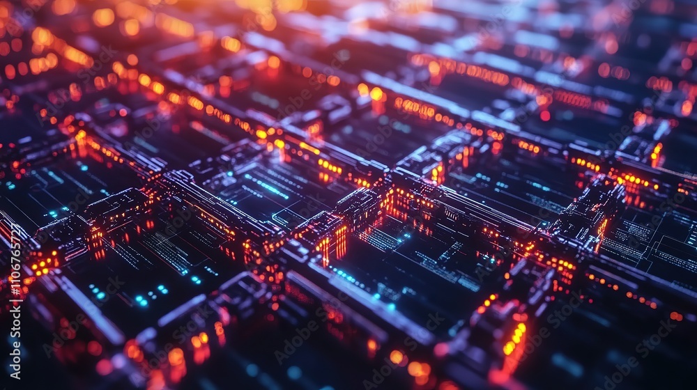 Abstract digital circuit board glowing with orange and blue light.