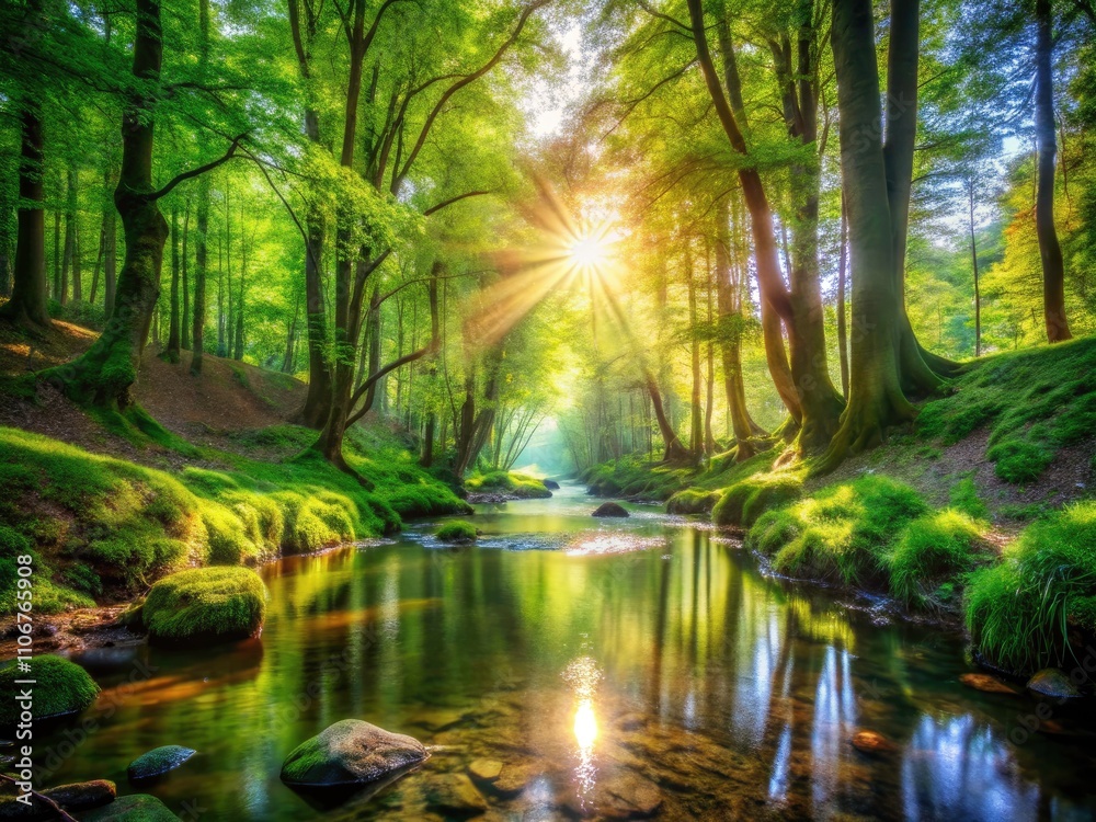 Colorful Landscape of a Serene Stream Flowing Through a Lush Forest on a Sunny Day - Nature's Tranquility in Vivid Colors Colorful Landscape of a Serene Stream Flowing Through a Lush Forest on a Sunny Day - Nature's Tranquility in Vivid Colors