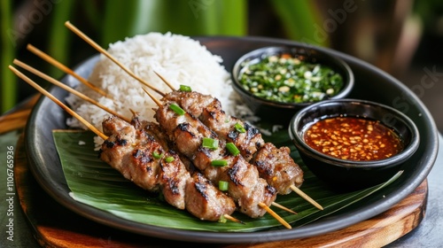 A tempting platter of Thai moo ping, grilled pork skewers marinated in coconut milk and spices, Moo ping platter centered