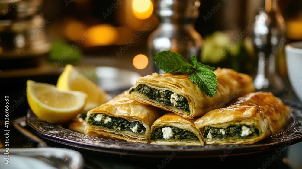 Fototapeta premium A tempting platter of Turkish borek, flaky pastry filled with spinach, feta cheese