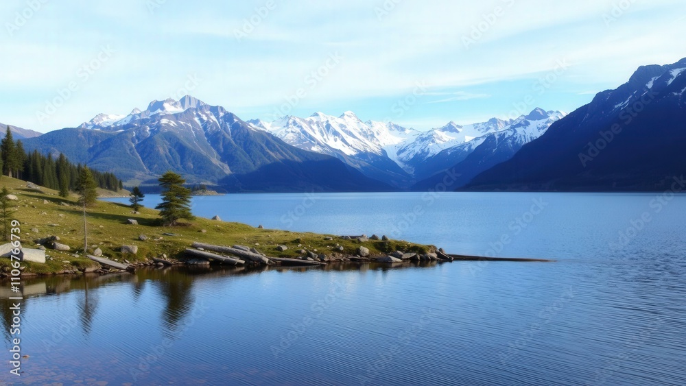 Fototapeta premium Serene Mountain Lake Reflection: Capture the Tranquil Beauty of Snow-Capped Peaks and Calm Blue Waters