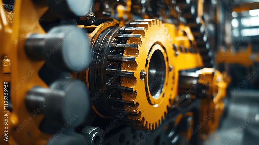 Close-up of industrial machinery featuring a large yellow gear and mechanical components. Close-up of industrial machinery featuring a large yellow gear and mechanical components.